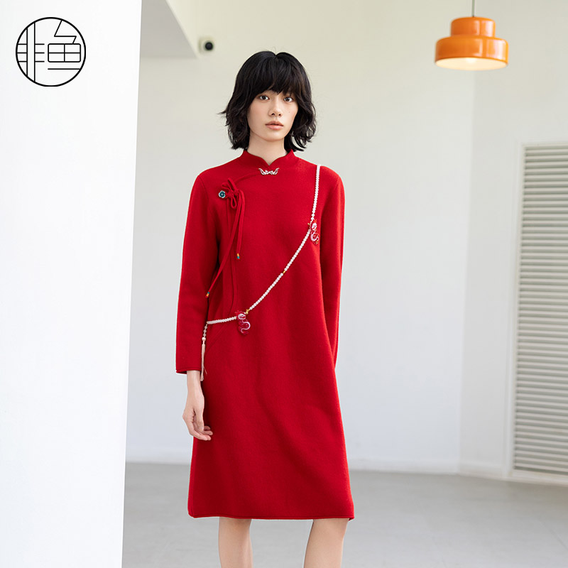 非鱼2024冬季新款羊毛连衣裙新中式气质优雅改良旗袍毛织显瘦中裙