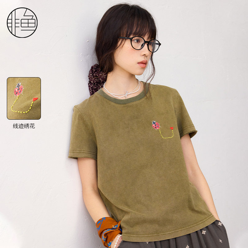 非鱼25夏季时尚休闲女装T恤短袖套头百搭上衣刺绣新款文艺减龄