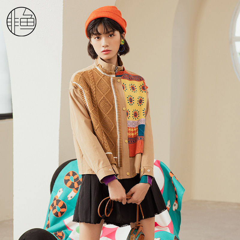 非鱼复古毛织拼接卡其色短款风衣女秋季新款原创设计女外套Q
