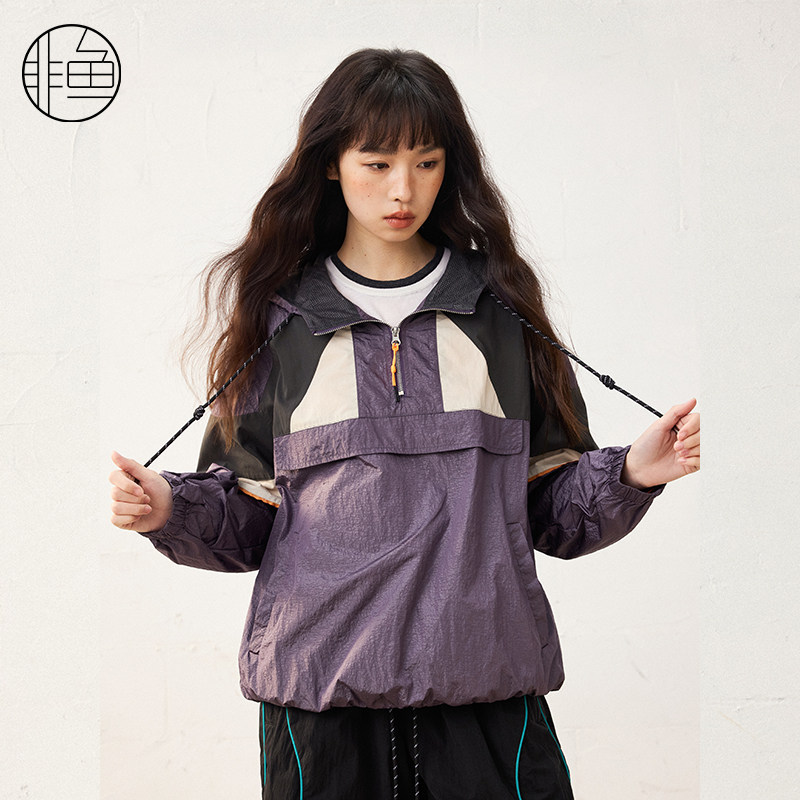非鱼25春季新款连帽套头潮牌拼接时尚女款外套刺绣女上衣