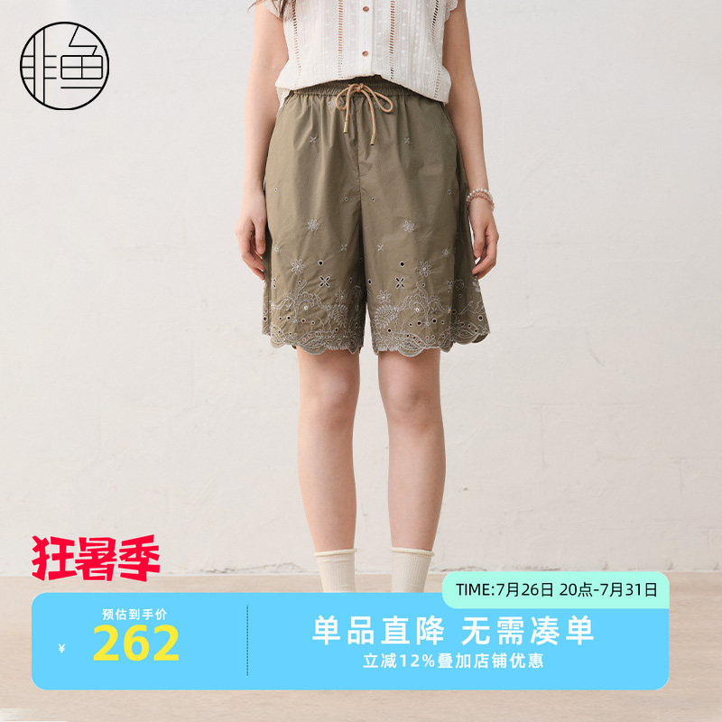 非鱼25五分短裤春季新款百搭松紧腰女裤镂空刺绣文艺休闲裤子