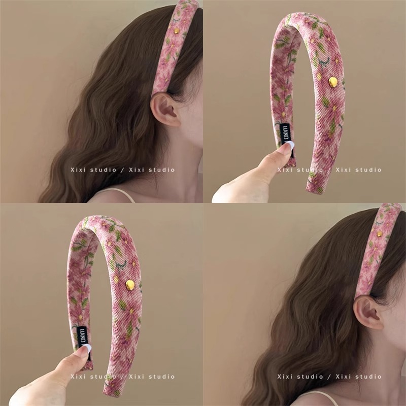 田园风碎花发箍复古海绵宽边头箍气质高颅顶旅行发卡蕾丝简约粉色