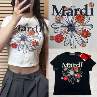 新款mardi小雏菊超短款字母印花洋气显瘦修身夏季短袖t恤