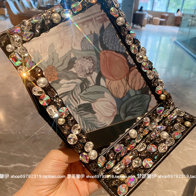 镶钻新镜子化妆镜台式桌面女随身便携折叠梳妆台家用新款宿舍画妆