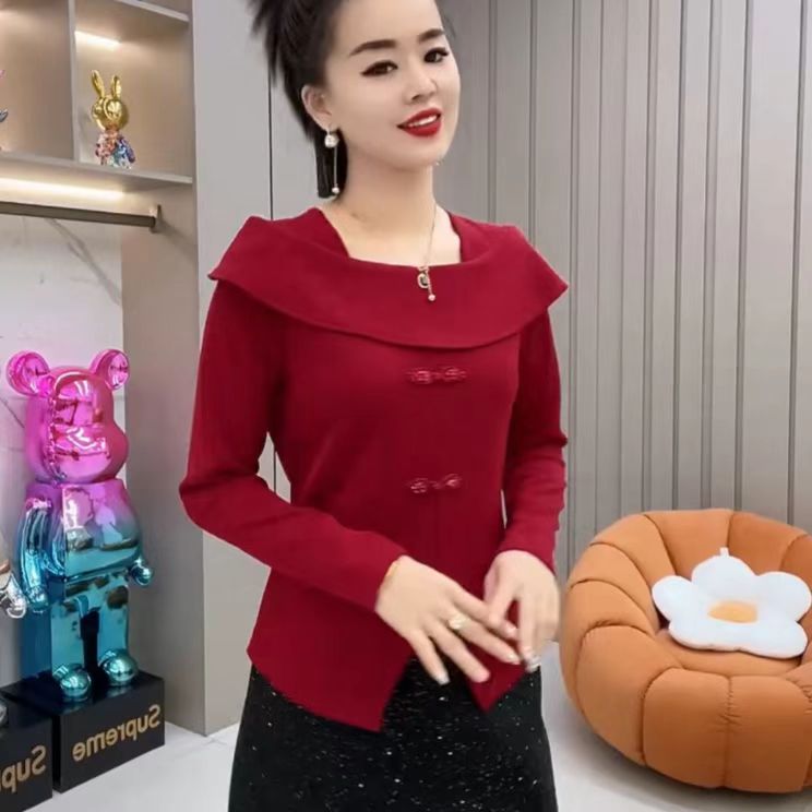 2025早春新款国风盘扣女装小衫打底衫中式洋气妈妈一字领上衣新品