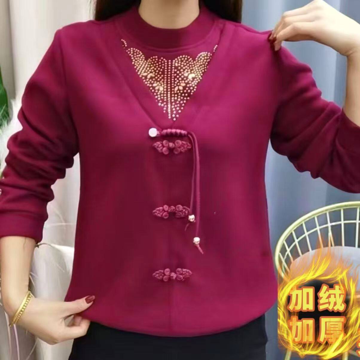 加绒加厚国风斜襟盘扣长袖妈妈装秋冬洋气百搭喜庆上衣