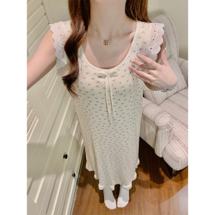 莫代尔棉甜美花边背心睡裙带胸垫条纹家居服 夏季 无袖 睡衣女士薄款