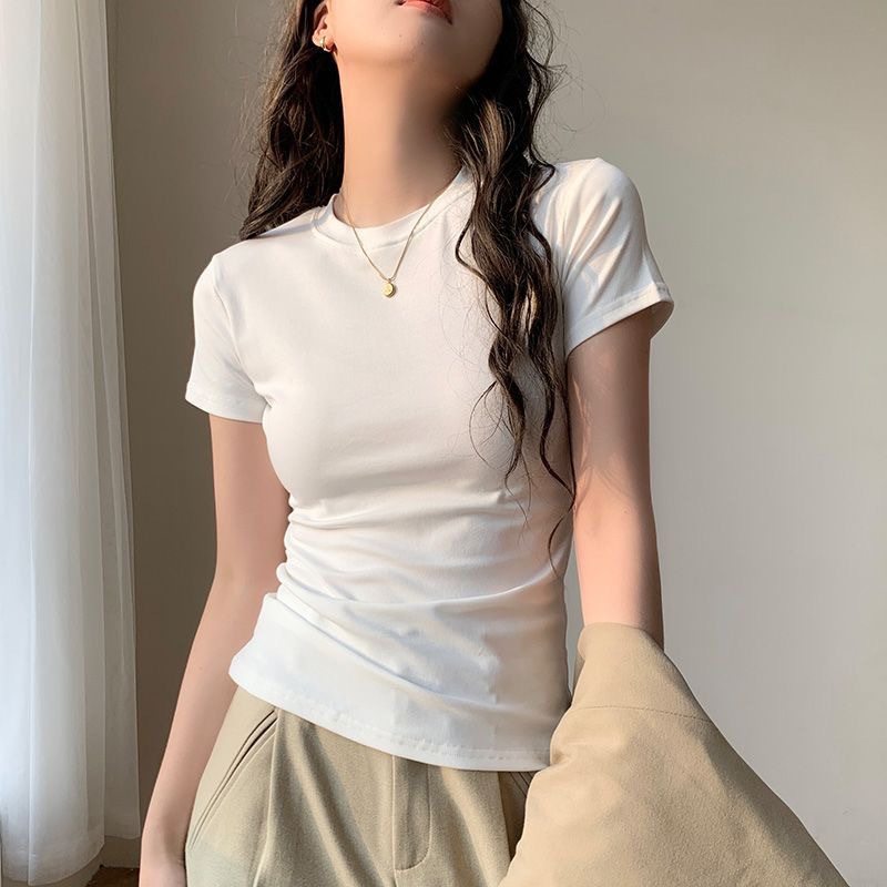 显身材掐腰正肩t恤女2025韩版高弹修身显瘦红色短袖女装上衣