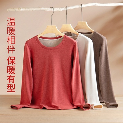新款跨境蚕丝羊毛德绒秋冬女士保暖内衣加绒加厚可外穿圆领打底衫
