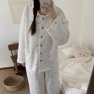 睡衣女秋冬新款ins风可爱小鱼泡泡加厚空气棉长袖学生家居服套装
