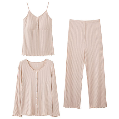 月子服夏薄款产后带胸垫喂奶孕妇哺乳睡衣家居服莫代尔三件套夏装