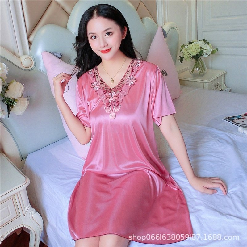 夏季新款花边冰丝成熟款睡衣女士大码家居服宽松短袖睡裙女,女士内衣/男士内衣/家居服,睡袍/浴袍,淘宝优惠券,粉丝福利购,淘宝优惠卷