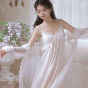 法式 v领蕾丝外披网纱睡袍纯欲小吊带睡衣长裙带胸垫 晨袍套装