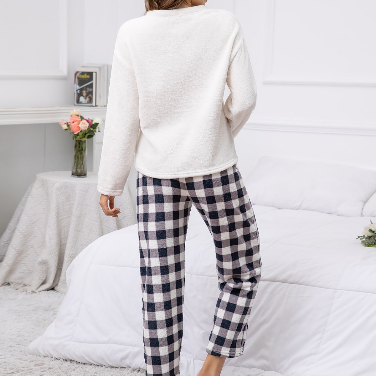 跨境秋冬睡衣套装女装休闲家居服猫爪图案长袖格子长裤两件套