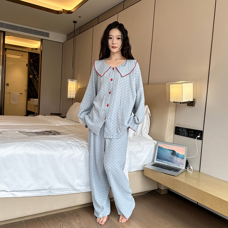 春秋冬新款女士大码睡衣俏皮大翻领波点纯棉胖MM可外穿家居服
