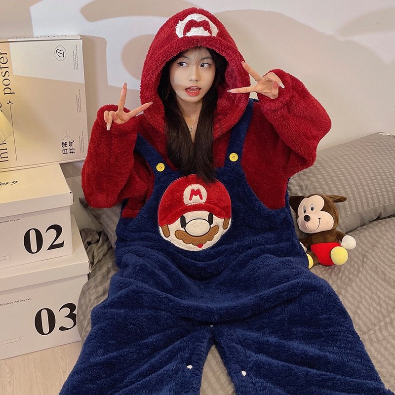马里奥超级玛丽连体睡衣冬季女加绒加厚珊瑚绒情侣家居服卡通联名