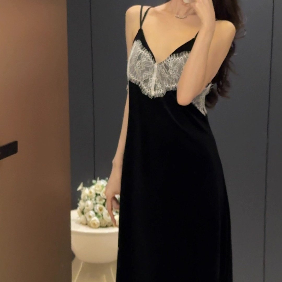 秋冬吊带性感气质中长睡裙女金丝绒蕾丝花边露背睡衣女家居服套装,女士内衣/男士内衣/家居服,睡袍/浴袍,淘宝优惠券,粉丝福利购,淘宝优惠卷