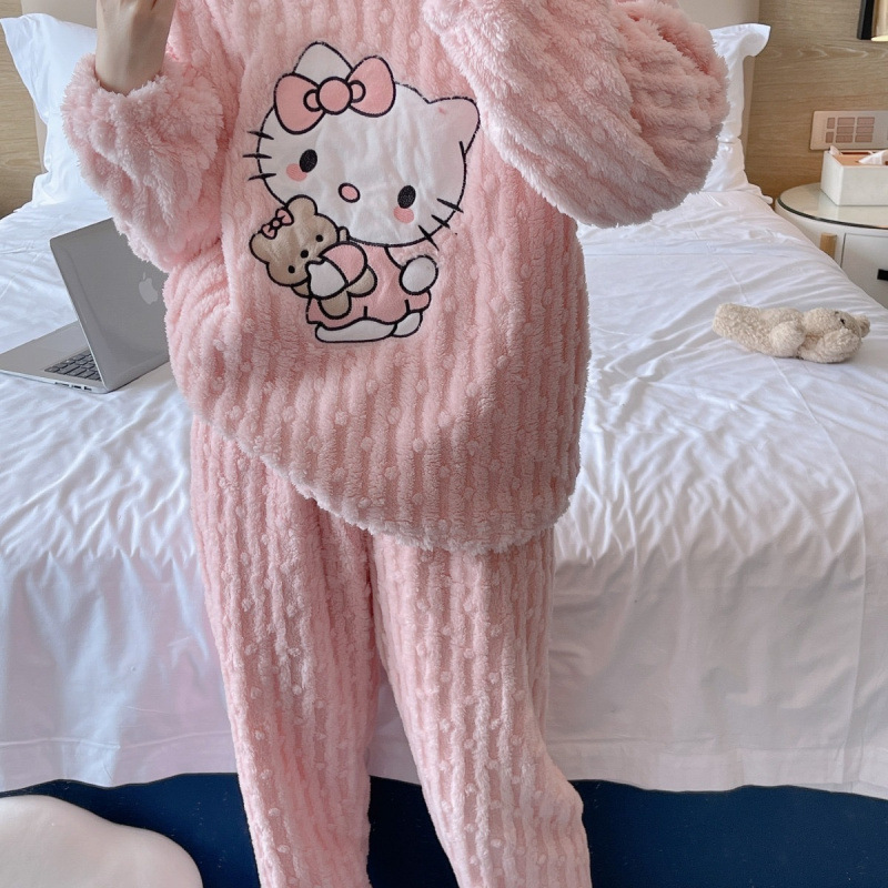 卡通猫珊瑚绒睡衣女秋冬季法兰绒加绒加厚家居服长袖长裤暖暖