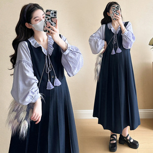 襯衫 百褶減齡顯瘦氣質背帶裙 紫色法式 孕婦兩件套春秋2025新款