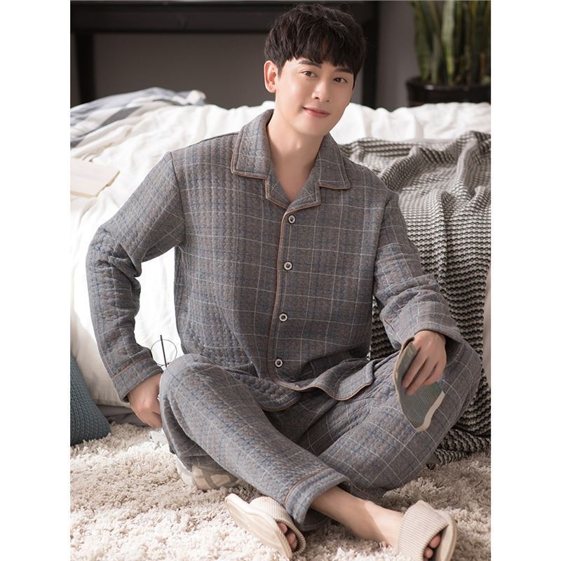 睡衣男士春秋款加厚纯棉长袖秋冬款冬季薄款夹棉男款空气棉家居服