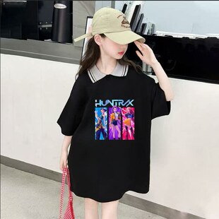 KPOP猎魔女团夏季中长款连身裙女童洋气Polo衫女孩短袖T恤儿童上