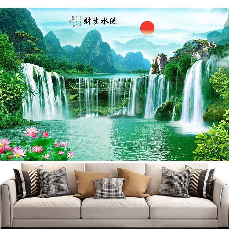 黄果树瀑布山水风景画荷花流水生财瀑布壁画客厅电视背景墙贴画,家居饰品,现代装饰画,淘宝优惠券,粉丝福利购,淘宝优惠卷