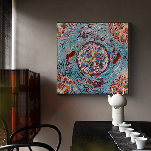 敦煌壁画莲花飞天新中式茶室装饰画斗方禅意玄关画客厅背景墙挂画