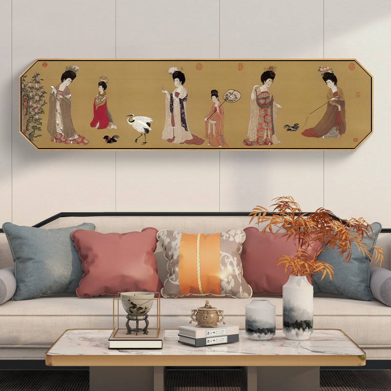 簪花仕女图新中式茶室挂画客厅背景墙装饰画古画国画卧室床头壁画