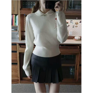 针织衫 蘑糯糯同款 白色娃娃领收腰长袖