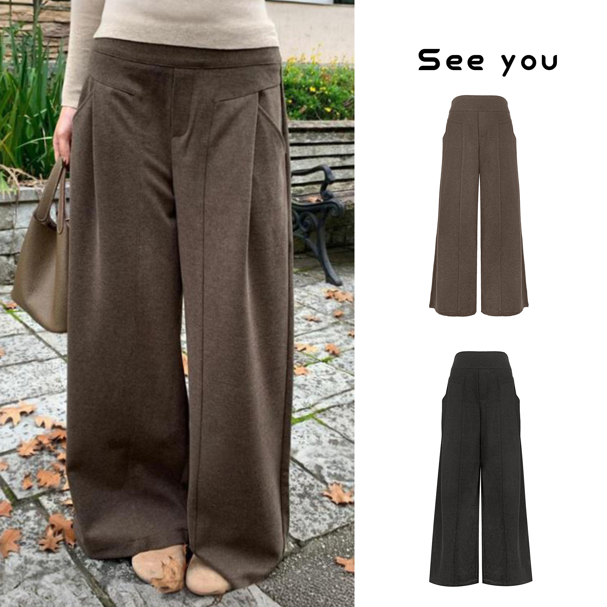 毛呢百搭阔腿休闲裤女冬季加厚高腰慵懒风垂感直筒裤子