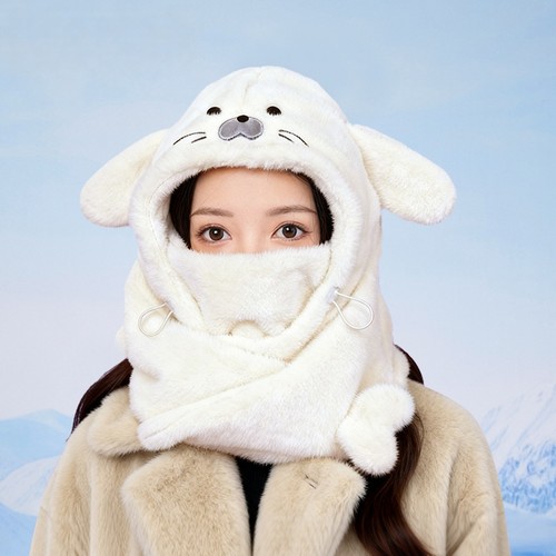 白色帽子女学生小海豹抱抱帽毛绒卡通女护耳套头可爱围巾一体帽子