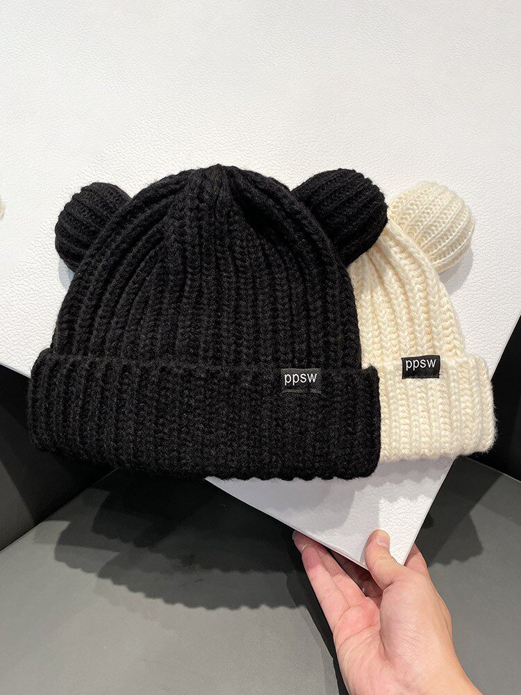 HONG KONG PURCHASING CUTE BEAR EARS LOOSE BIG HEAD BIB WOOLEN HAT WOMENS AUTUMN AND WINTER THICKENED EAR PROTECTION KNITTED HAT