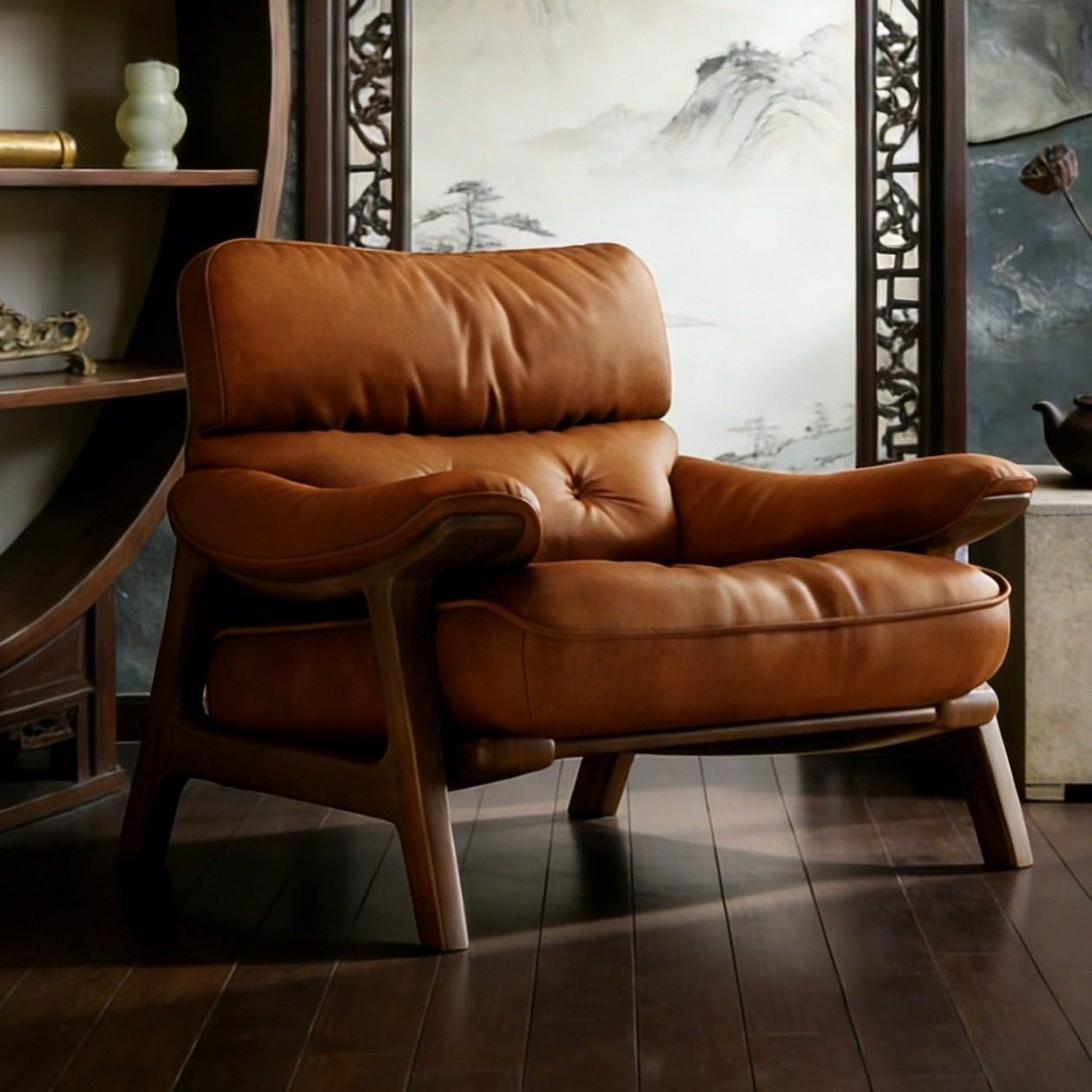 单人休闲沙发椅真牛皮中古风客厅家用茶椅书房阳台创意高端躺椅子,住宅家具,沙发椅,淘宝优惠券,粉丝福利购,淘宝优惠卷