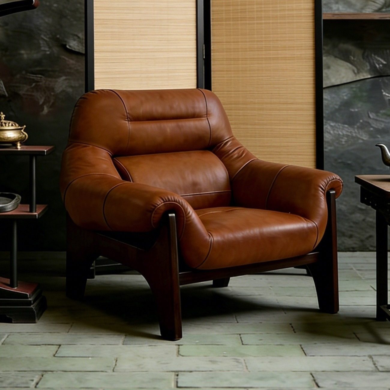 真皮单人沙发椅设计师头层牛皮家用客厅阳台书房中古风休闲茶躺椅
