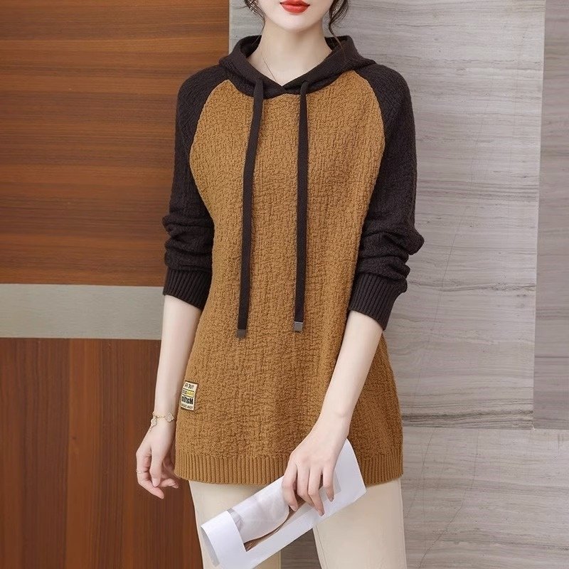 正品清仓外贸品牌连帽长袖卫衣女中长款宽松毛衣打底衫上衣秋冬季