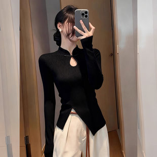 2026早春新中式立领盘扣针织衫少女黑色修身开叉毛衣秋冬穿搭上衣