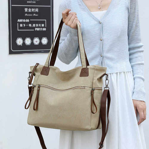 大容量单肩包女加厚帆布包时尚休闲手提包多口袋斜挎包文艺通勤潮