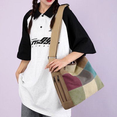 文艺拼接新款女撞色帆布包
