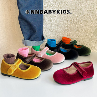 韩版儿童丝绒公主鞋春秋女童一粒扣浅口单鞋红色过年鞋宝宝豆豆鞋