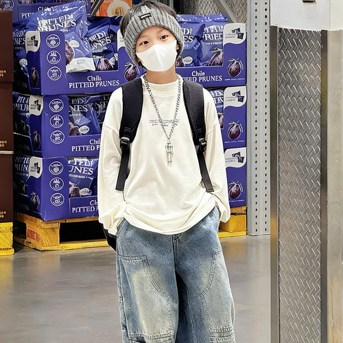 儿童T恤2025秋冬新款韩版男童纯色半高领打底衫男孩洋气百搭上衣