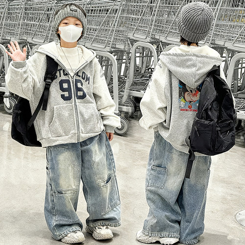 儿童加绒外套男童连帽上衣秋冬款卡通新款男孩冬季拉链加厚卫衣潮