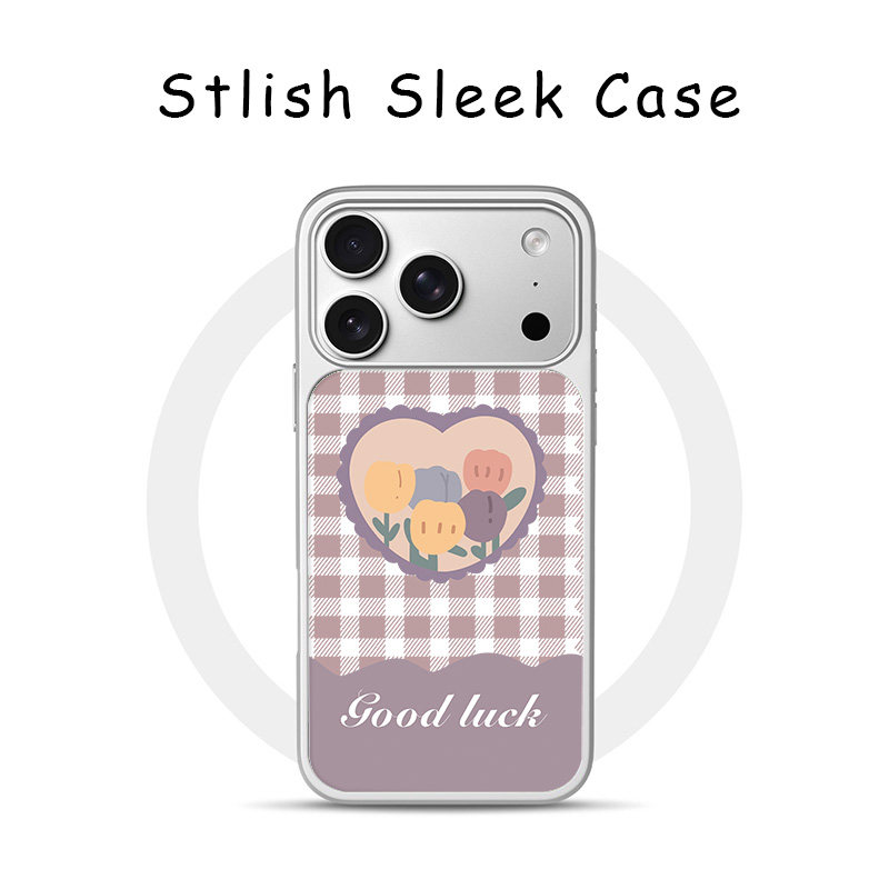 ins韩风紫色格子花朵适用苹果17Promax手机壳16Promax小众高级感15不撞壳新款电镀亚克力软边肤感玻璃少女黑