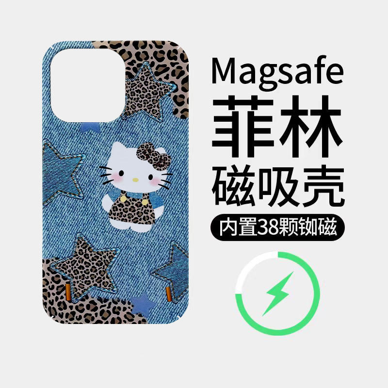 牛仔KT猫豹纹适用苹果18promax菲林磁吸手机壳iPhone17promax潮牌新款16个性不撞壳防摔硬壳可爱18全包