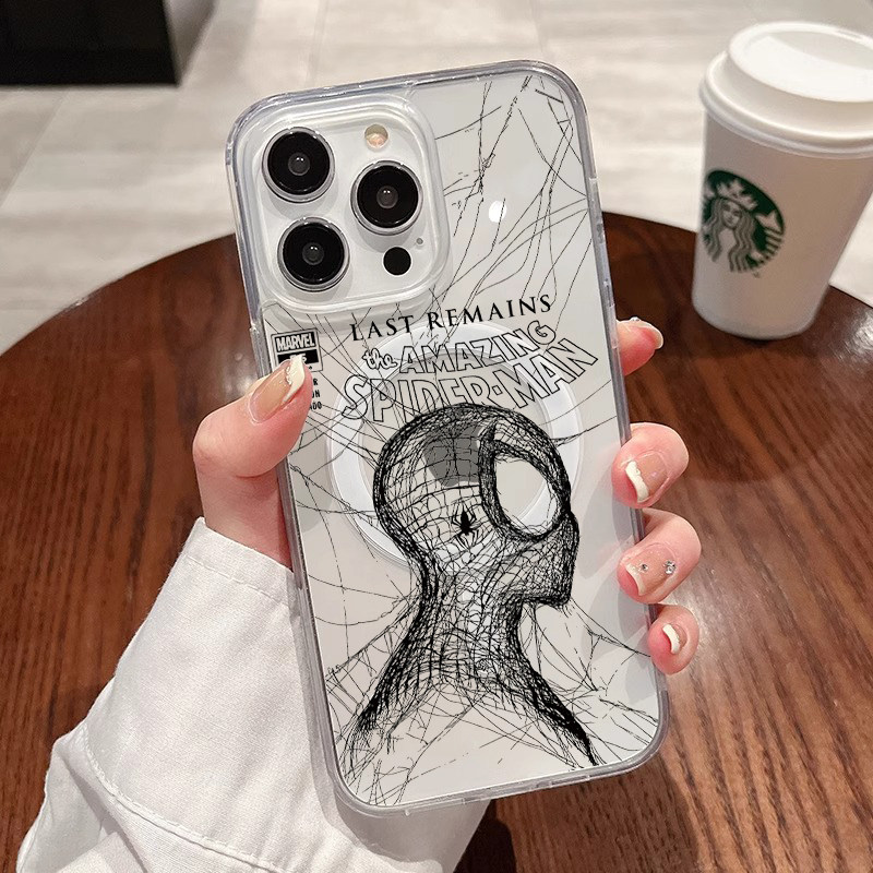 [Magsafe磁吸]素描蜘蛛侠适用苹果16Promax透明磁吸软壳15Promax手机壳潮牌14小众高级感11不发黄新款xsmax