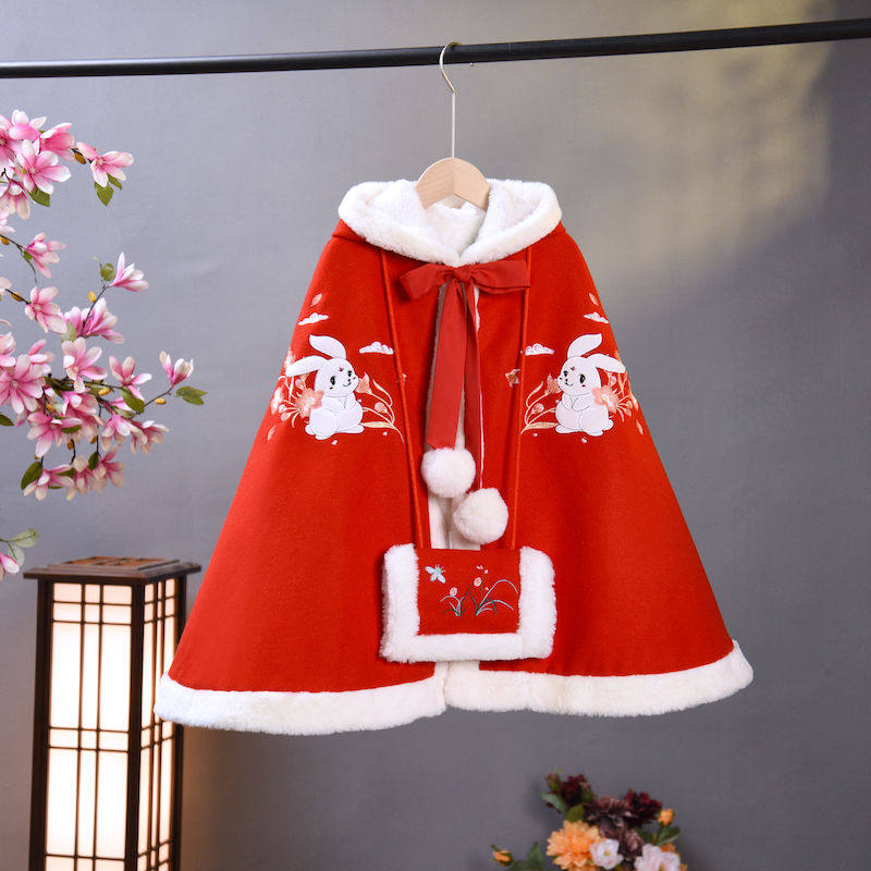 女童汉服斗篷冬装古装中国风儿童女婴儿披风新年礼服加绒保暖刺绣