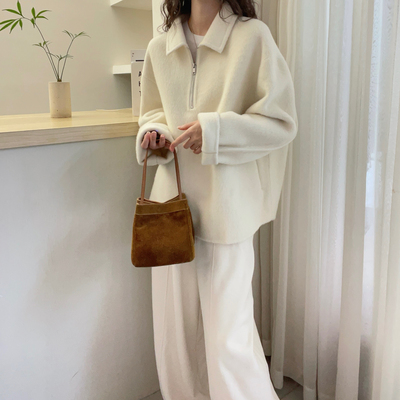 欧洲站2025冬装韩式简约风娃娃领拉链毛呢外套女短款双面羊毛大衣