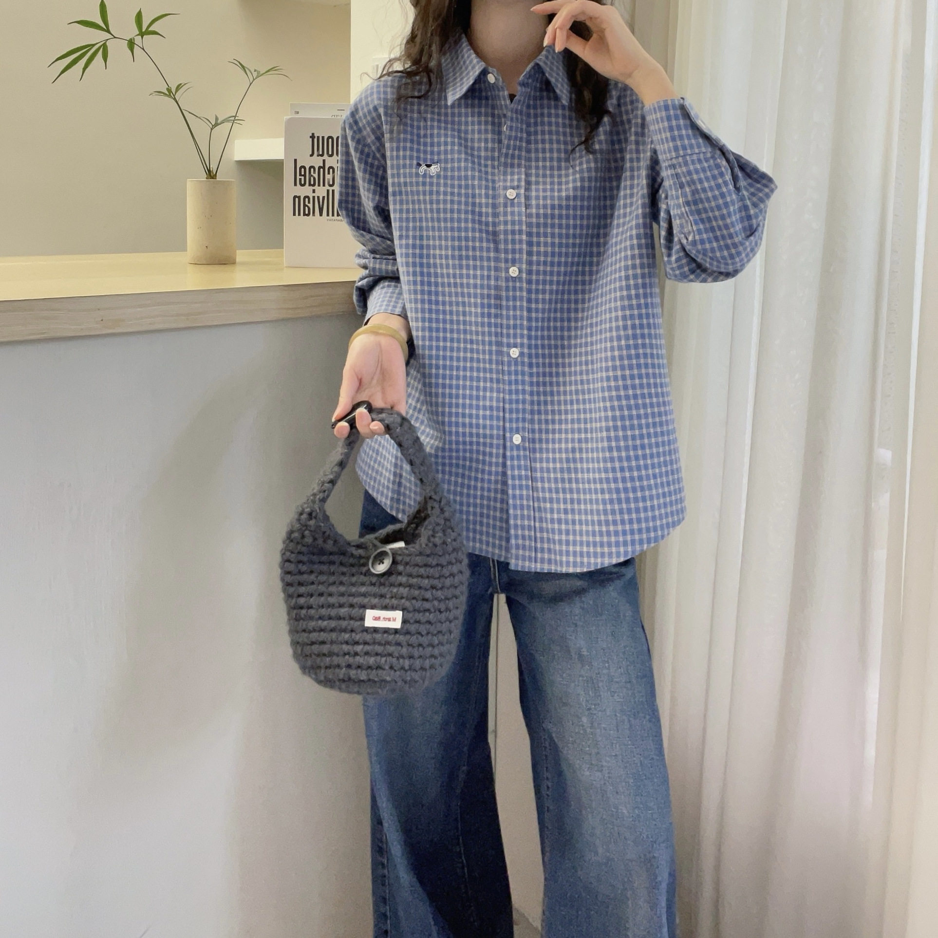 欧洲站2025冬装韩版气质蓝色格子Polo领长袖衬衫女宽松纽扣上衣女