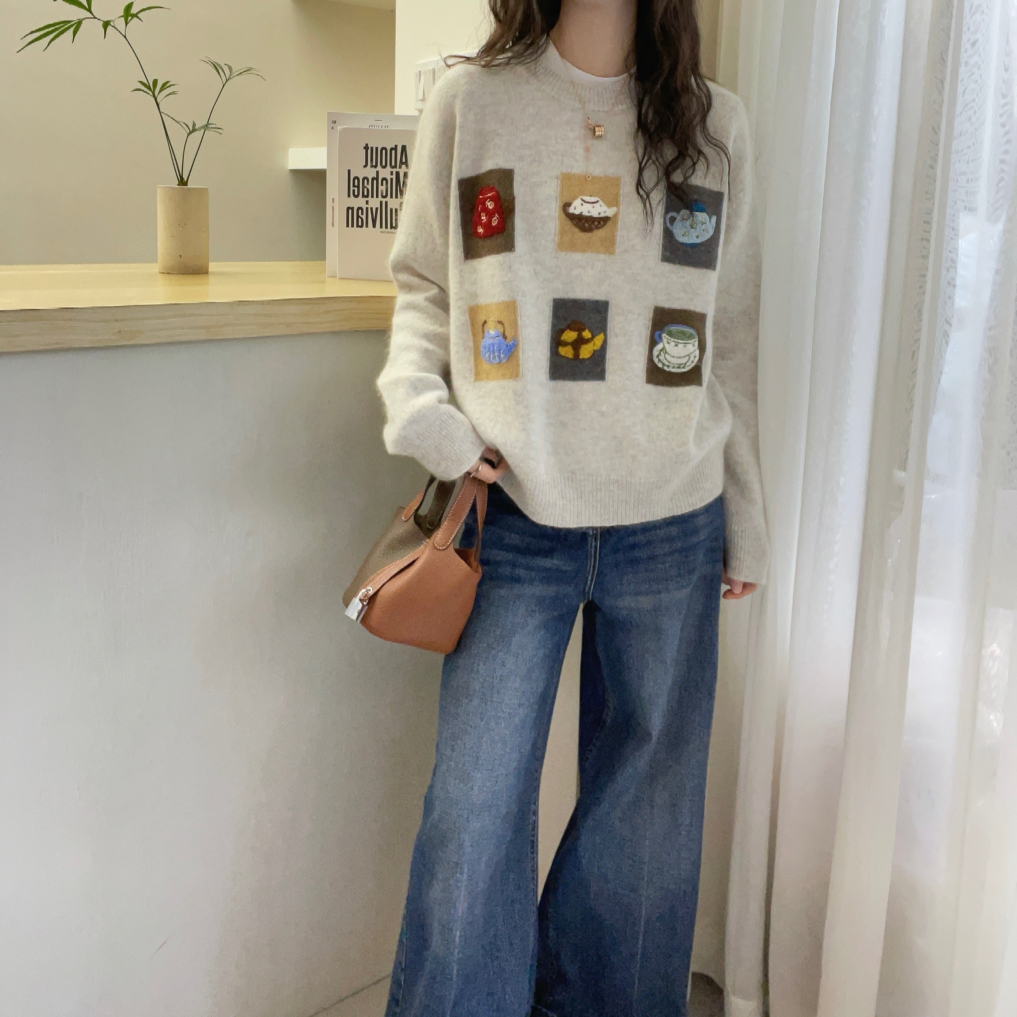 欧洲站2025冬装卡通图案山羊绒针织衫女秋冬慵懒风羊毛软糯毛衣