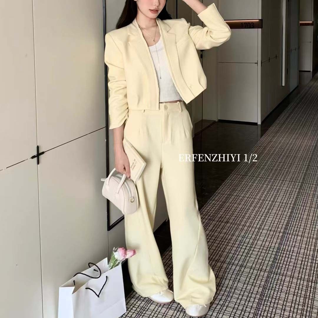 欧洲站2025早春新款欧货韩系垫肩短款西装外套+阔腿西装裤两件套