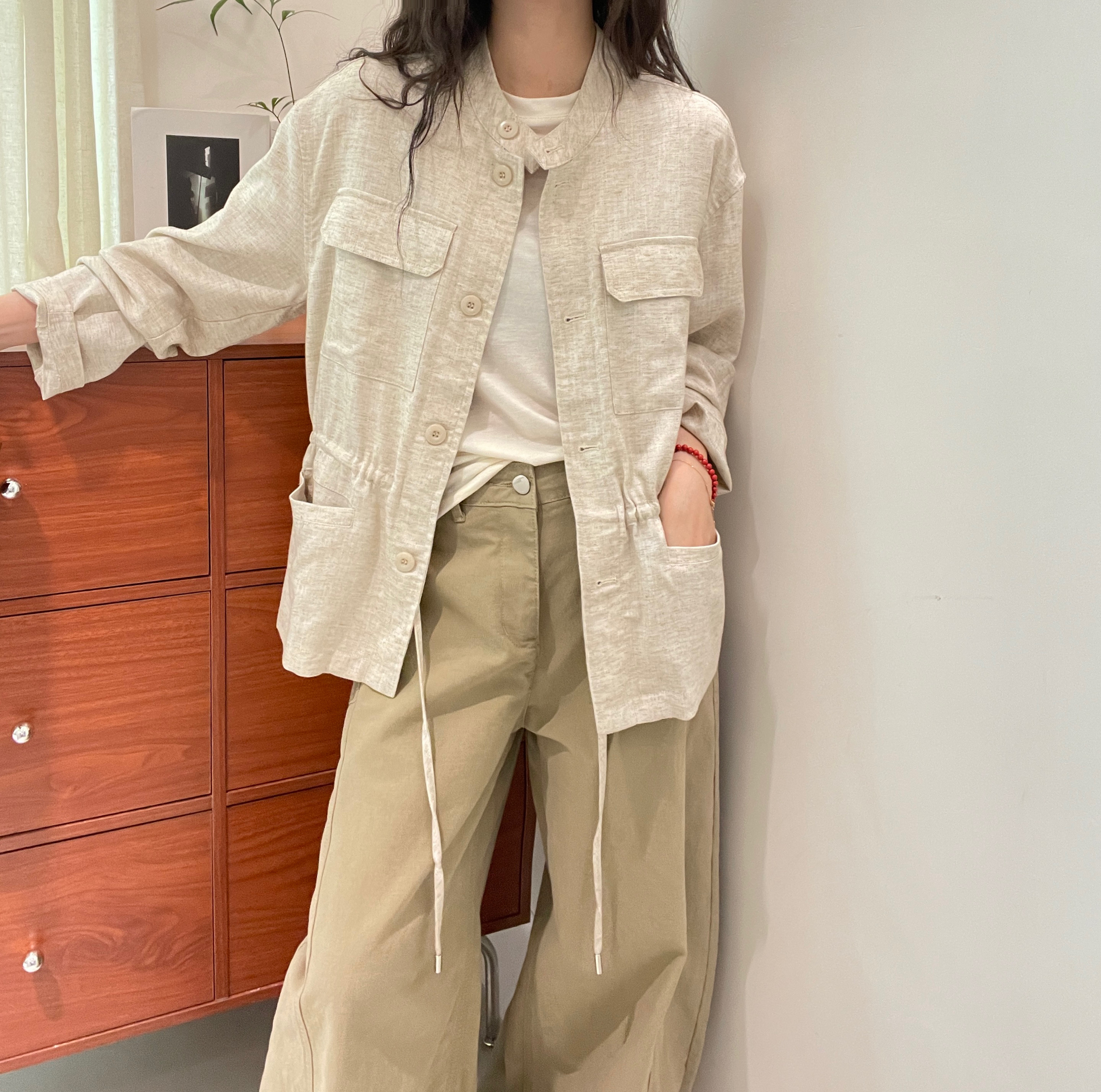 欧洲站2026春装多口袋工装风亚麻外套女立领纽扣夹克设计感上衣女
